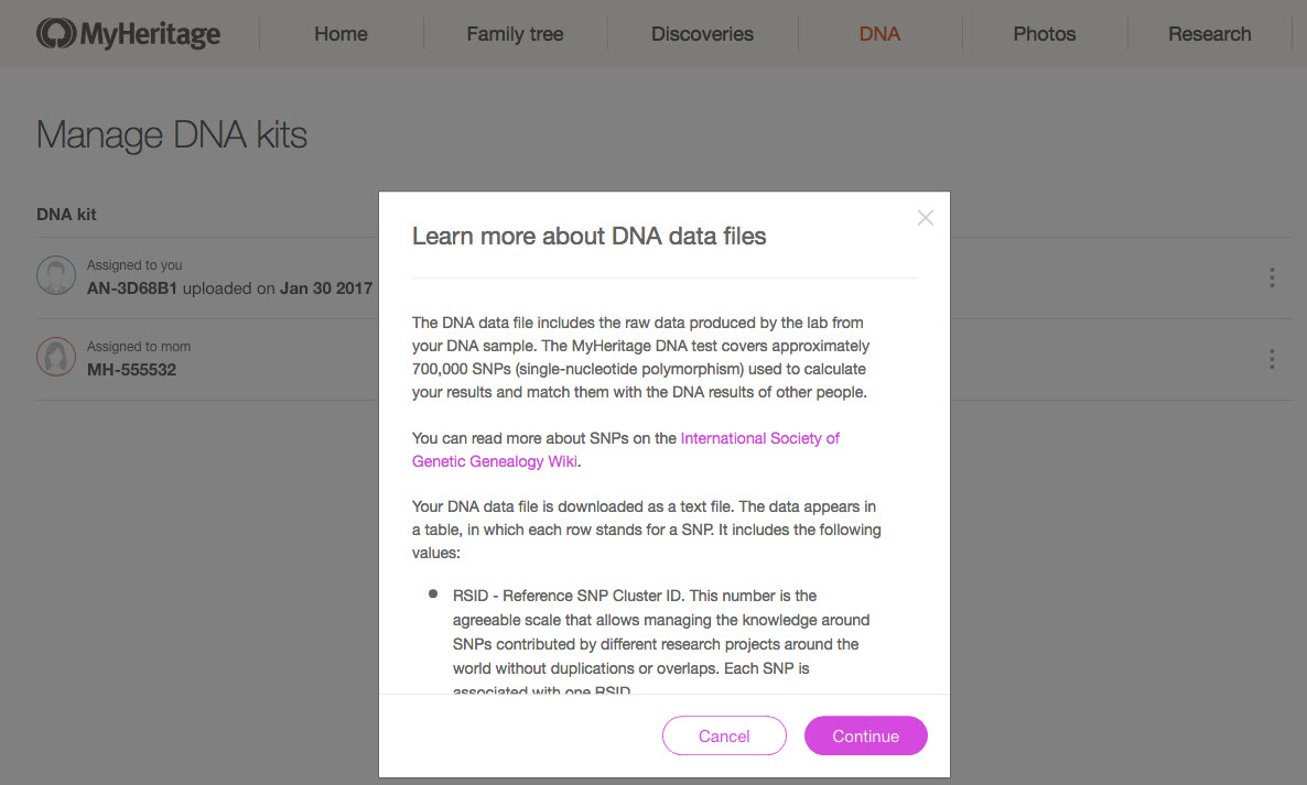 Informações de download no MyHeritage