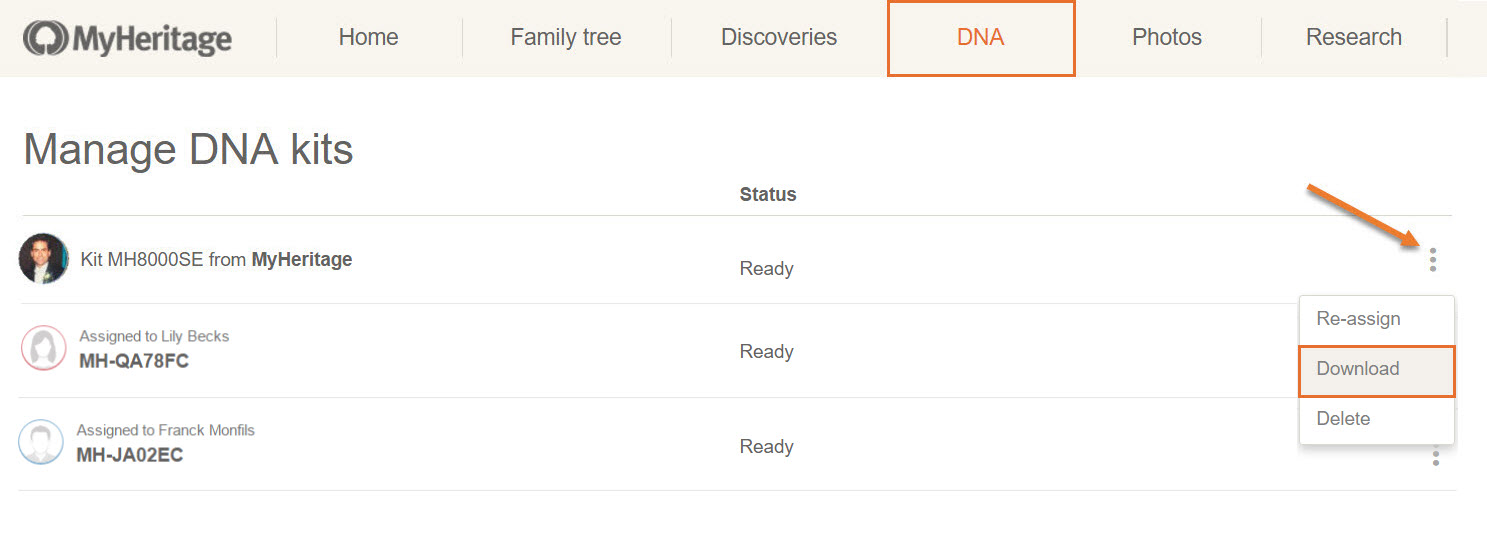 Opção de download do kit MyHeritage