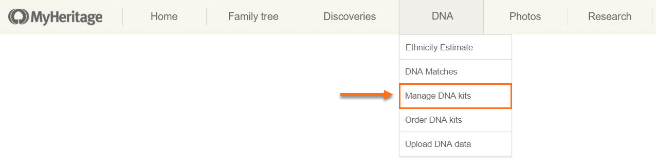 Tela de gerenciamento de kits de DNA no MyHeritage