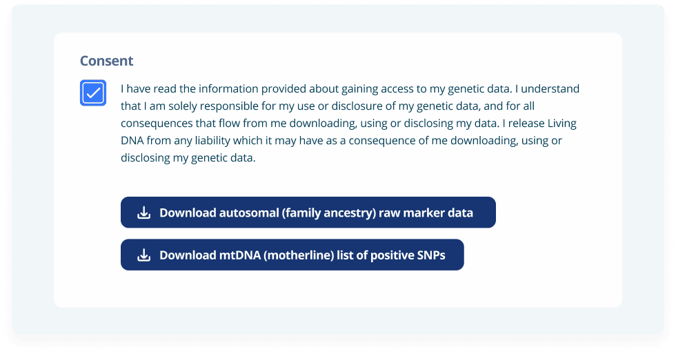 Tela de consentimento e download do Living DNA