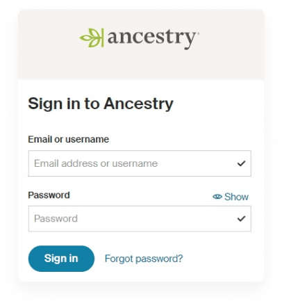 Tela de login do Ancestry